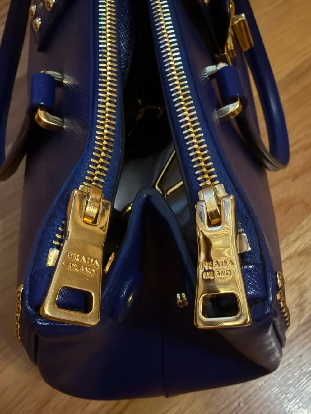 Prada Blue Saffiano Leather Studded Tote Crossbody Bag